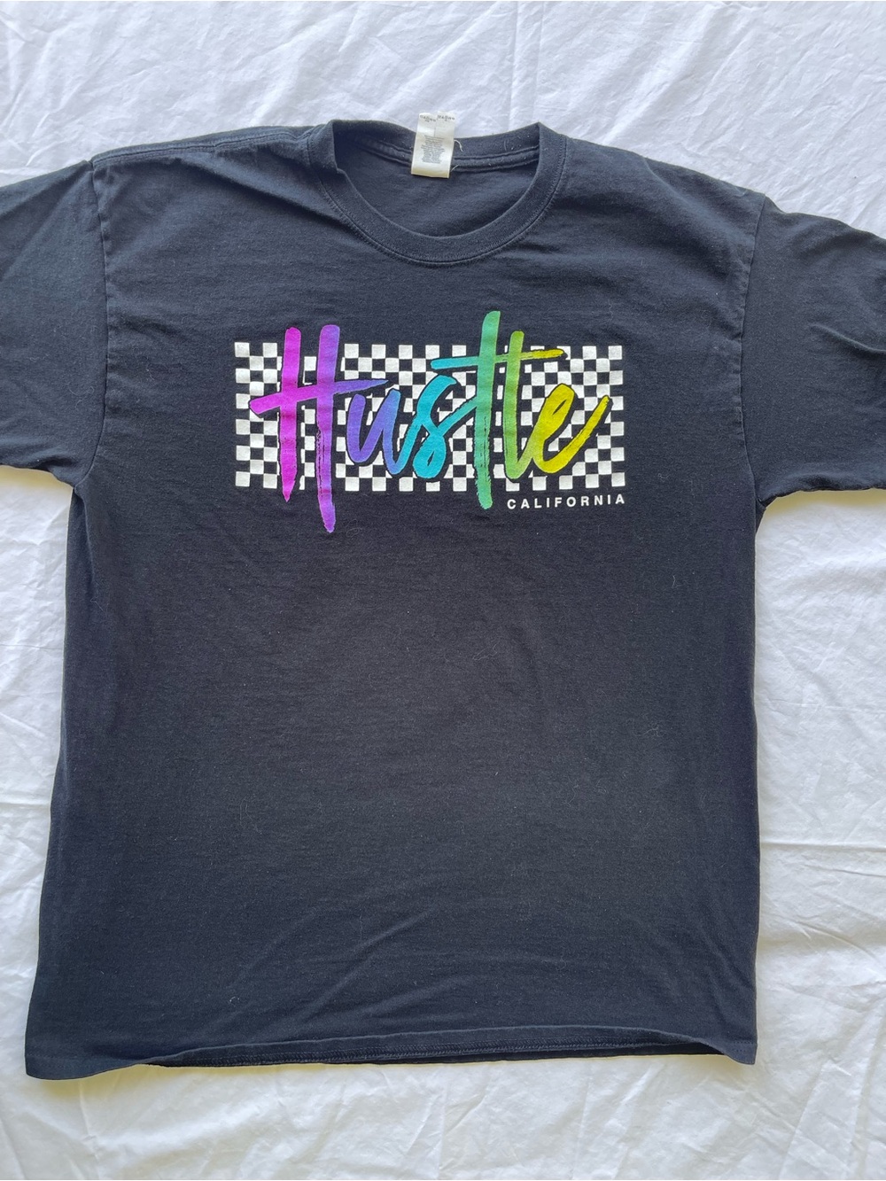 Gildan Black Graphic 'Hustle' Tee with Multi-Color Script